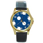 Polka Dots - White on Dark Cerulean Round Gold Metal Watch