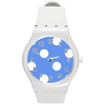 Polka Dots - White on Cornflower Blue Round Plastic Sport Watch (M)