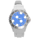 Polka Dots - White on Cornflower Blue Round Plastic Sport Watch (L)