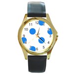 Polka Dots - Dodger Blue on White Round Gold Metal Watch