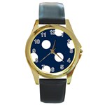 Polka Dots - White on Oxford Blue Round Gold Metal Watch
