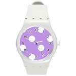 Polka Dots - White on Bright Lavender Violet Round Plastic Sport Watch (M)