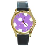 Polka Dots - White on Lavender Violet Round Gold Metal Watch