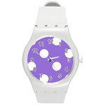 Polka Dots - White on Dark Pastel Purple Round Plastic Sport Watch (M)