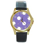 Polka Dots - White on Ube Violet Round Gold Metal Watch