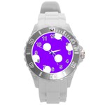 Polka Dots - White on Violet Round Plastic Sport Watch (L)