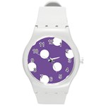 Polka Dots - White on Dark Lavender Violet Round Plastic Sport Watch (M)