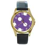 Polka Dots - White on Dark Lavender Violet Round Gold Metal Watch