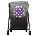 Polka Dots - White on Dark Lavender Violet Pen Holder Desk Clock