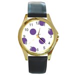 Polka Dots - Dark Lavender Violet on White Round Gold Metal Watch