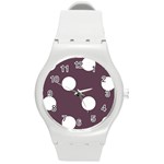 Polka Dots - White on Eggplant Violet Round Plastic Sport Watch (M)