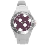 Polka Dots - White on Eggplant Violet Round Plastic Sport Watch (L)