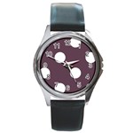 Polka Dots - White on Eggplant Violet Round Metal Watch
