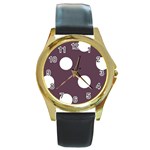 Polka Dots - White on Eggplant Violet Round Gold Metal Watch