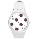 Polka Dots - Eggplant Violet on White Round Plastic Sport Watch (M)