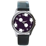 Polka Dots - White on Dark Purple Round Metal Watch