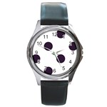 Polka Dots - Dark Purple on White Round Metal Watch