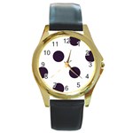 Polka Dots - Dark Purple on White Round Gold Metal Watch