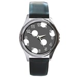 Polka Dots - White on Dark Gray Round Metal Watch