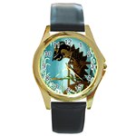 Lukisan Wayang Kulit Round Gold Metal Watch