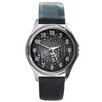 Black Alligator Leather Pattern Round Metal Watch