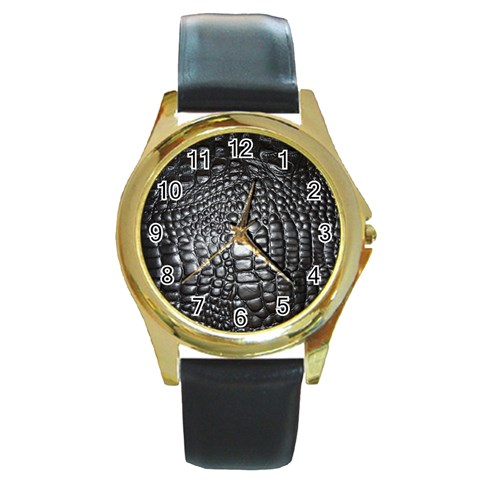 Black Alligator Leather Pattern Round Gold Metal Watch from ArtsNow.com Front
