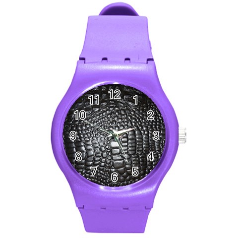 Black Alligator Leather Pattern Round Plastic Sport Watch (M) from ArtsNow.com Front