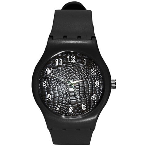 Black Alligator Leather Pattern Round Plastic Sport Watch (M) from ArtsNow.com Front