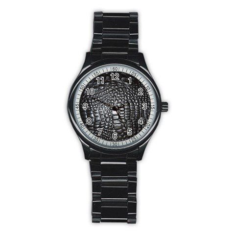 Black Alligator Leather Pattern Stainless Steel Round Watch from ArtsNow.com Front