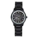 Black Alligator Leather Pattern Stainless Steel Round Watch