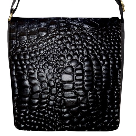 Black Alligator Leather Pattern Flap Closure Messenger Bag (S) from ArtsNow.com Front