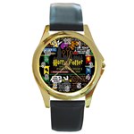 Book Collage Based On Harry Potter And The Philosopher s Stone Round Gold Metal Watch