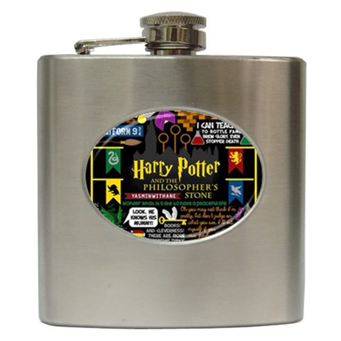 Book Collage Based On Harry Potter And The Philosopher s Stone Hip Flask (6 oz) from ArtsNow.com Front