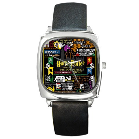 Book Collage Based On Harry Potter And The Philosopher s Stone Square Metal Watch from ArtsNow.com Front