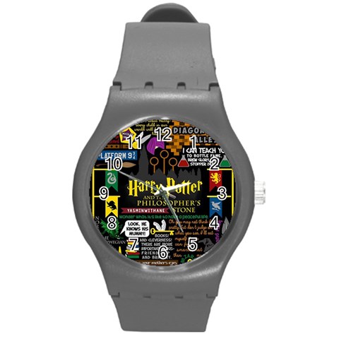 Book Collage Based On Harry Potter And The Philosopher s Stone Round Plastic Sport Watch (M) from ArtsNow.com Front