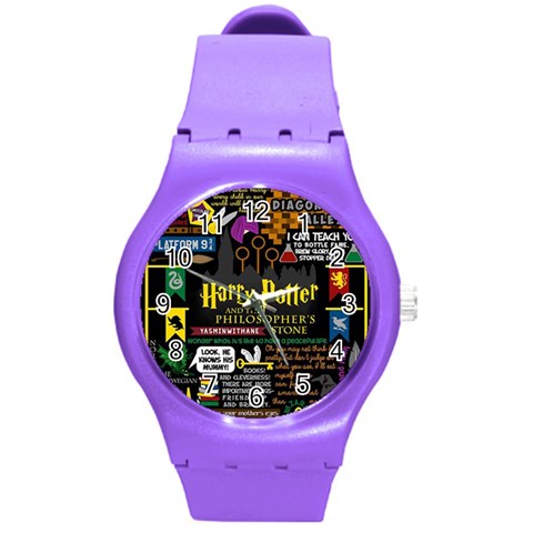 Book Collage Based On Harry Potter And The Philosopher s Stone Round Plastic Sport Watch (M) from ArtsNow.com Front