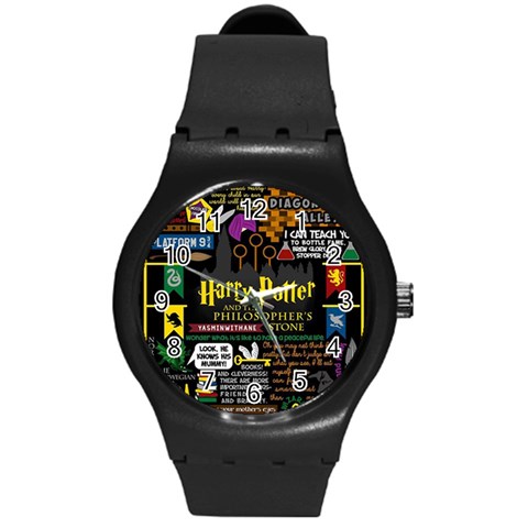 Book Collage Based On Harry Potter And The Philosopher s Stone Round Plastic Sport Watch (M) from ArtsNow.com Front