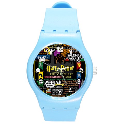Book Collage Based On Harry Potter And The Philosopher s Stone Round Plastic Sport Watch (M) from ArtsNow.com Front