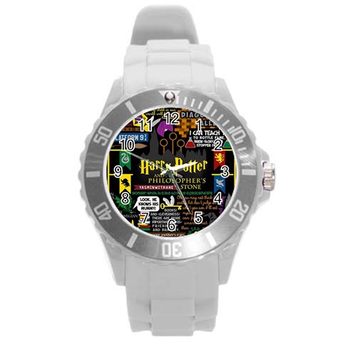 Book Collage Based On Harry Potter And The Philosopher s Stone Round Plastic Sport Watch (L) from ArtsNow.com Front