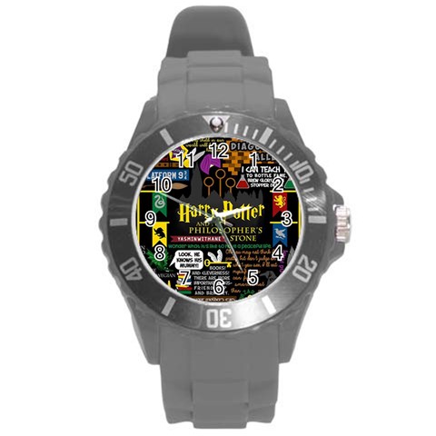 Book Collage Based On Harry Potter And The Philosopher s Stone Round Plastic Sport Watch (L) from ArtsNow.com Front