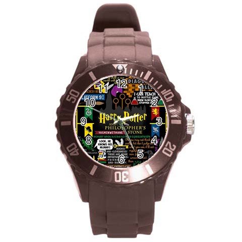 Book Collage Based On Harry Potter And The Philosopher s Stone Round Plastic Sport Watch (L) from ArtsNow.com Front