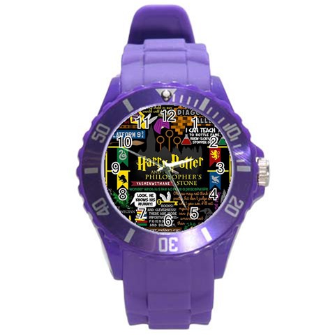 Book Collage Based On Harry Potter And The Philosopher s Stone Round Plastic Sport Watch (L) from ArtsNow.com Front