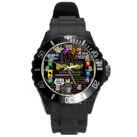 Book Collage Based On Harry Potter And The Philosopher s Stone Round Plastic Sport Watch (L) from ArtsNow.com Front
