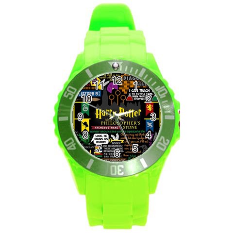 Book Collage Based On Harry Potter And The Philosopher s Stone Round Plastic Sport Watch (L) from ArtsNow.com Front