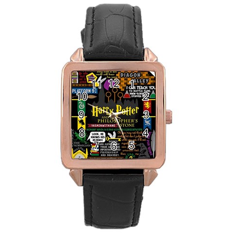Book Collage Based On Harry Potter And The Philosopher s Stone Rose Gold Leather Watch  from ArtsNow.com Front