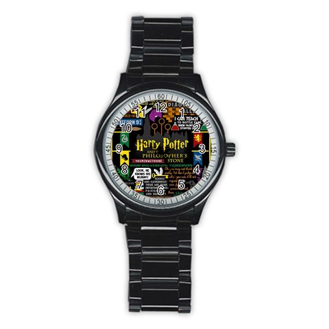 Book Collage Based On Harry Potter And The Philosopher s Stone Stainless Steel Round Watch from ArtsNow.com Front