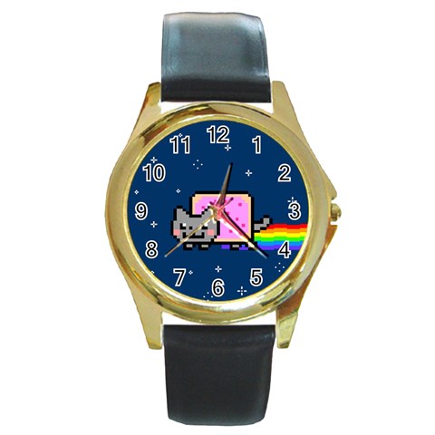 Nyan Cat Round Gold Metal Watch from ArtsNow.com Front