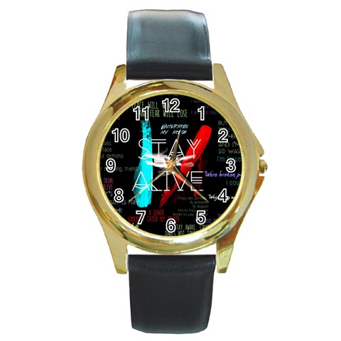 Twenty One Pilots Stay Alive Song Lyrics Quotes Round Gold Metal Watch from ArtsNow.com Front