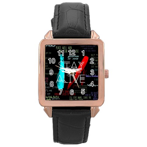 Twenty One Pilots Stay Alive Song Lyrics Quotes Rose Gold Leather Watch  from ArtsNow.com Front