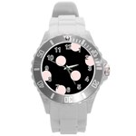 Polka Dots - Misty Rose Pink on Black Round Plastic Sport Watch (L)